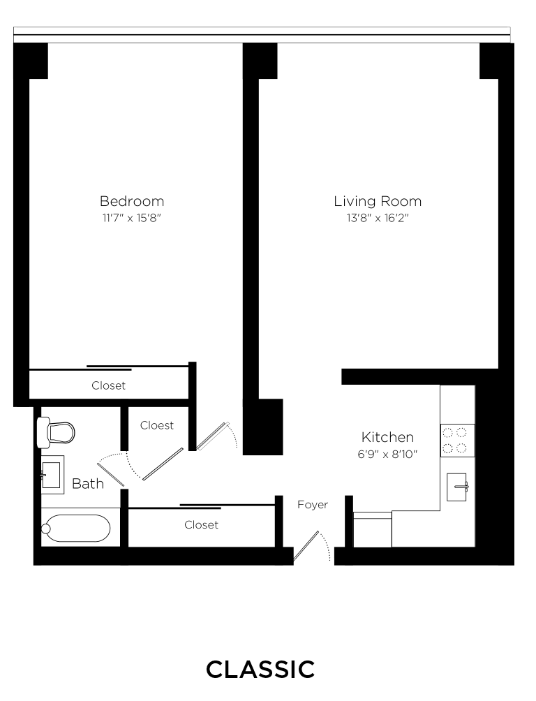1 bed 1 bath 620sqft Floorplan at Prairie Shores, Chicago Illinois